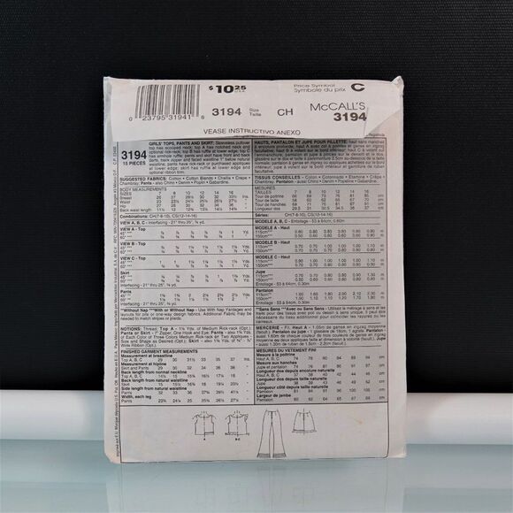 McCalls 3194 Sewing Pattern Girls Tops Pants Skirt - Picture 2 of 4